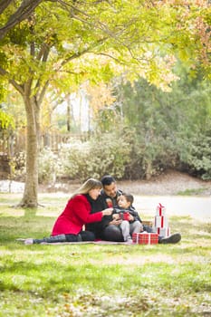 Young Mixed Race Family Enjoying Christmas Gifts in the Park Together.