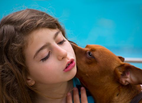 Brunette kid girl and dog pet mascot whispering ear