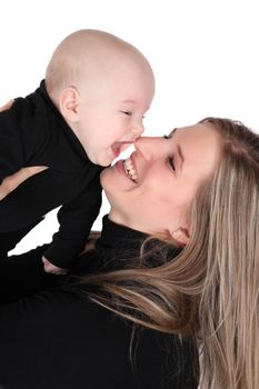 Baby boy and his mom against white background