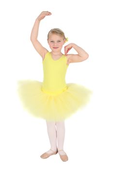 Blond girl wearing a yellow ballet tutu on white background