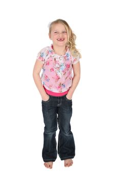 Cute blond girl wearing pink against white