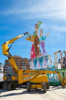 Detail of Fallas construction with crane in Campanar Valencia Spain
