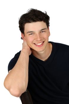 Attractive brunette male model on white background wearing black