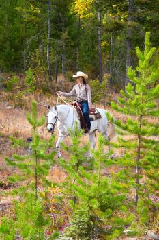 Beautiful brunette cowgirl with her horse on a mountain trail ride 