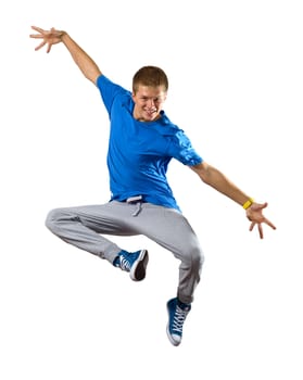 Young man dancer jumping isolated on white