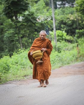 Every day very early in the morning, the monks walk the streets to beg give food offerings to a Buddhist monk 