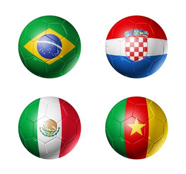 3D soccer balls with group A teams flags, Football world cup Brazil 2014. isolated on white