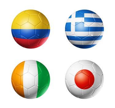 3D soccer balls with group C teams flags, Football world cup Brazil 2014. isolated on white