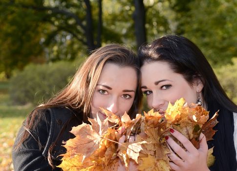 beautiful young woman with autumn leaves
