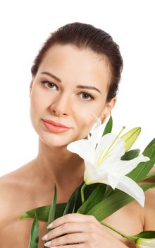 Beautiful woman with white lily. Isolated on white.