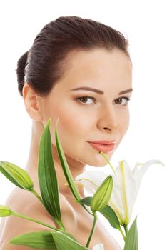 Beautiful woman with white lily. Isolated on white.