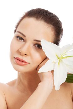 Beautiful woman with white lily. Isolated on white.