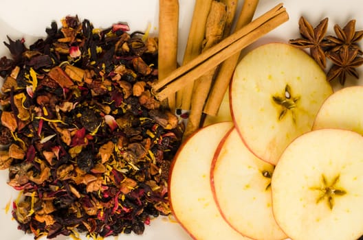 Fruit tea ingredients displayed together on a plate