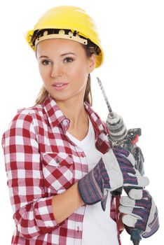 Young woman in protective helmet and jackhammer. Isolated on white.