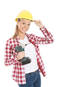 Beautiful woman in helmet and holding a hammer. Isolated on white.