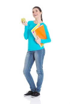 Beautiful young student with files and apple. Isolated on white.