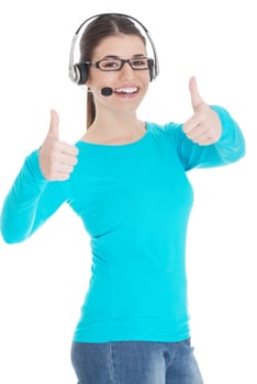 Young casual woman with headphones and microphone showing ok. Isolated on white.