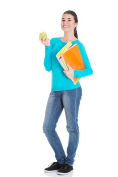 Beautiful young student with files and apple. Isolated on white.