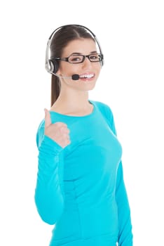 Young casual woman with headphones and microphone showing ok. Isolated on white.