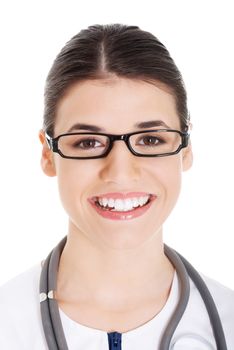 Portrait of a beautiful young doctor woman. Islated on white.