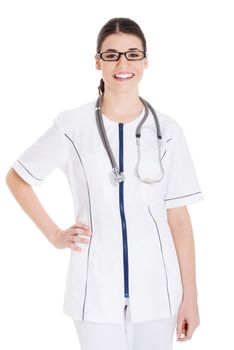 Young beautiful doctor, nurse with stethoscope. Isolated on white.