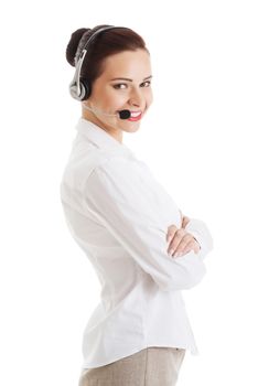 Beautiful woman on call center with microphone and headphones. Isolated on white.