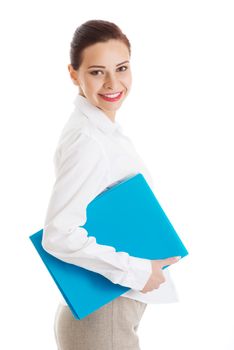 beautiful business woman holding file. Isolated on white.