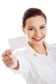 Beautiful business woman holding personal card. isolated on white.