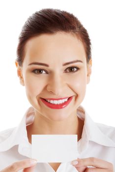 Beautiful business woman holding personal card. isolated on white.