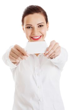 Beautiful business woman holding personal card. isolated on white.