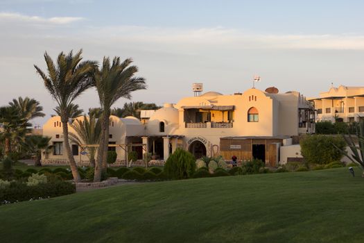 lawn, palm trees and buildings in marsa alam 