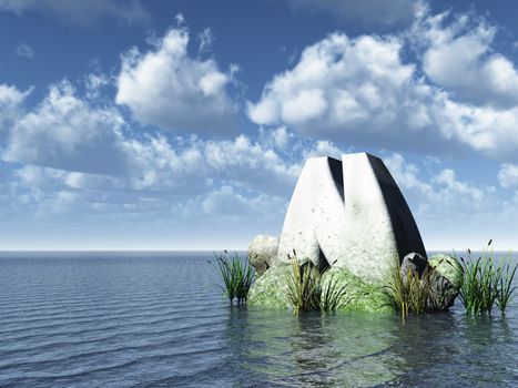 letter n monument in water landscape - 3d illustration