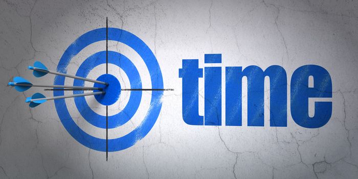 Success timeline concept: arrows hitting the center of target, Blue Time on wall background, 3d render