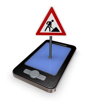 smartphone with road sign men at work on white background - 3d illustration