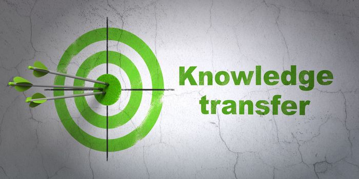 Success Education concept: arrows hitting the center of target, Green Knowledge Transfer on wall background, 3d render