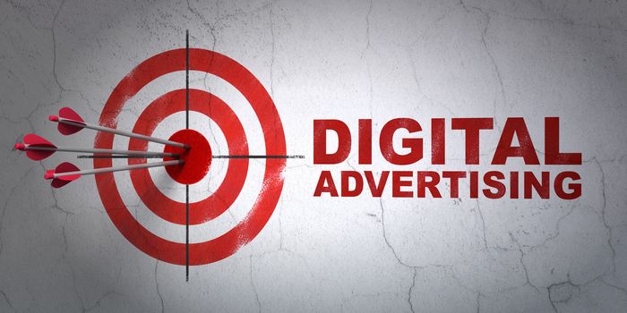 Success marketing concept: arrows hitting the center of target, Red Digital Advertising on wall background, 3d render