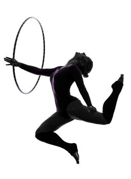 one caucasian woman exercising Rhythmic Gymnastics hula hoop in silhouette studio isolated on white background