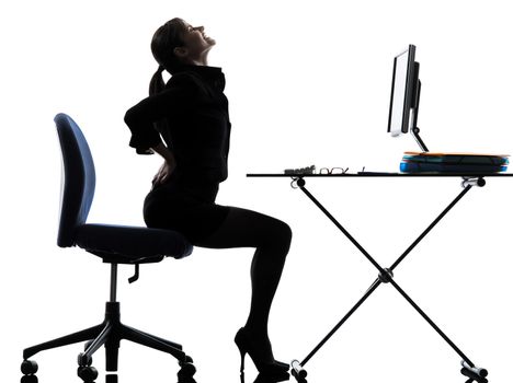 one business woman sitting backache pain silhouette studio isolated on white background