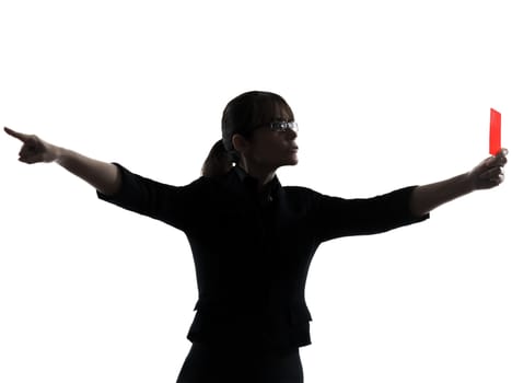 one business woman showing red card silhouette studio isolated on white background
