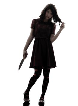 one caucasian strange young woman killer holding bloody knife in silhouette white background