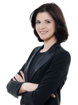 one beautiful smiling caucasian business woman portrait arms crossed in studio isolated on white background