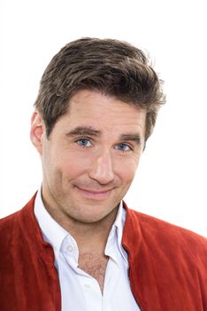 one caucasian man mature handsome portrait blue eyes smiling portrait studio white background
