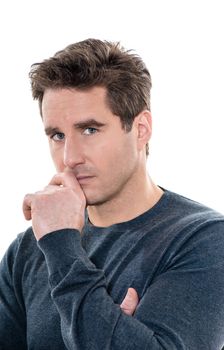 one caucasian man mature serious suspicious portrait studio white background