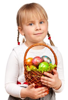 Young girl with Easter basket on white background