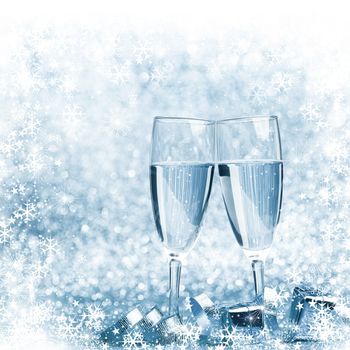 New year champagne and gifts with snowflakes and stars