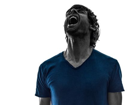 one caucasian stubble man shouting on white background
