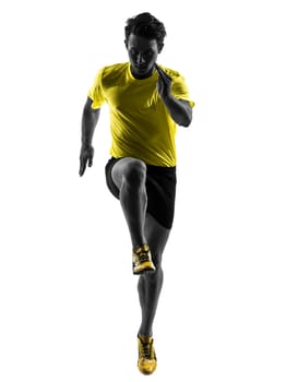one caucasian man young sprinter runner running in silhouette studio on white background