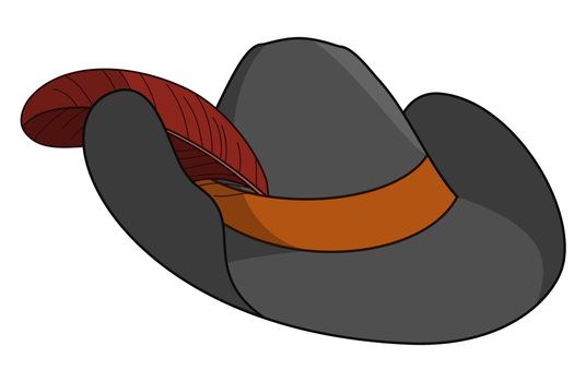 Black robbers hat with the bent edges, brown tape and a feather