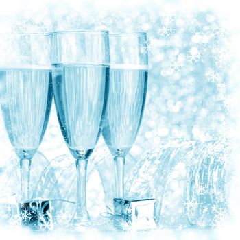 New year champagne and gifts with snowflakes and stars