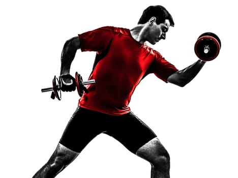 one caucasian man exercising weight training  on white background